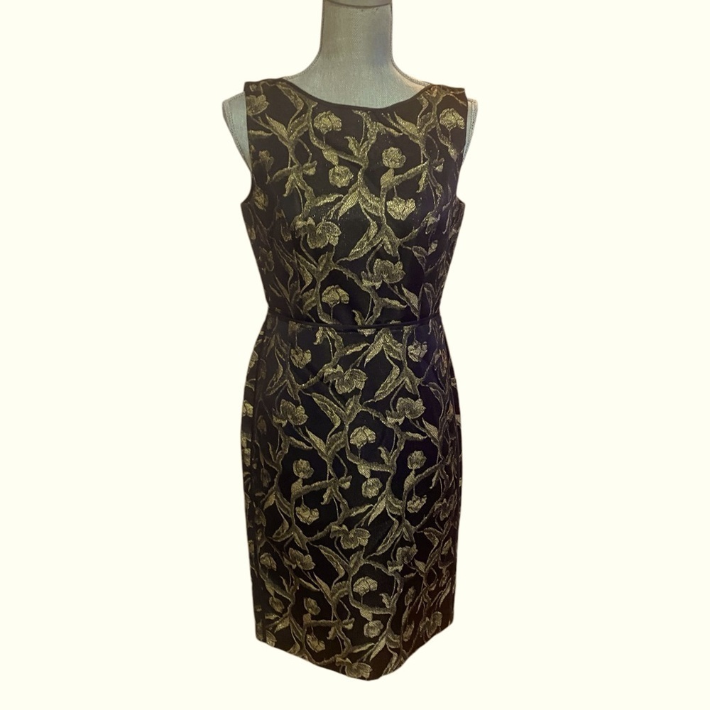 Talbots Black Metallic Gold Satin Asian Style Cocktail Pencil Size 6  Dress 0642